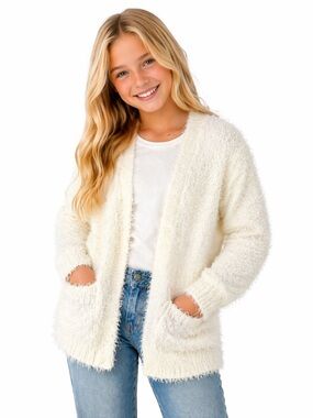 Design History Girls Fuzzy Cardigan Cream Open Front Sweater Size M Soft Cozy